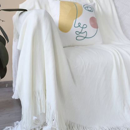 SOGA White Acrylic Knitted Throw Blanket Solid Fringed Warm Cozy Woven Cover Couch Bed Sofa Home Decor-Throw Blankets-PEROZ Accessories