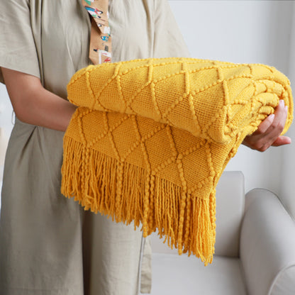 SOGA 2X Yellow Diamond Pattern Knitted Throw Blanket Warm Cozy Woven Cover Couch Bed Sofa Home Decor with Tassels-Throw Blankets-PEROZ Accessories
