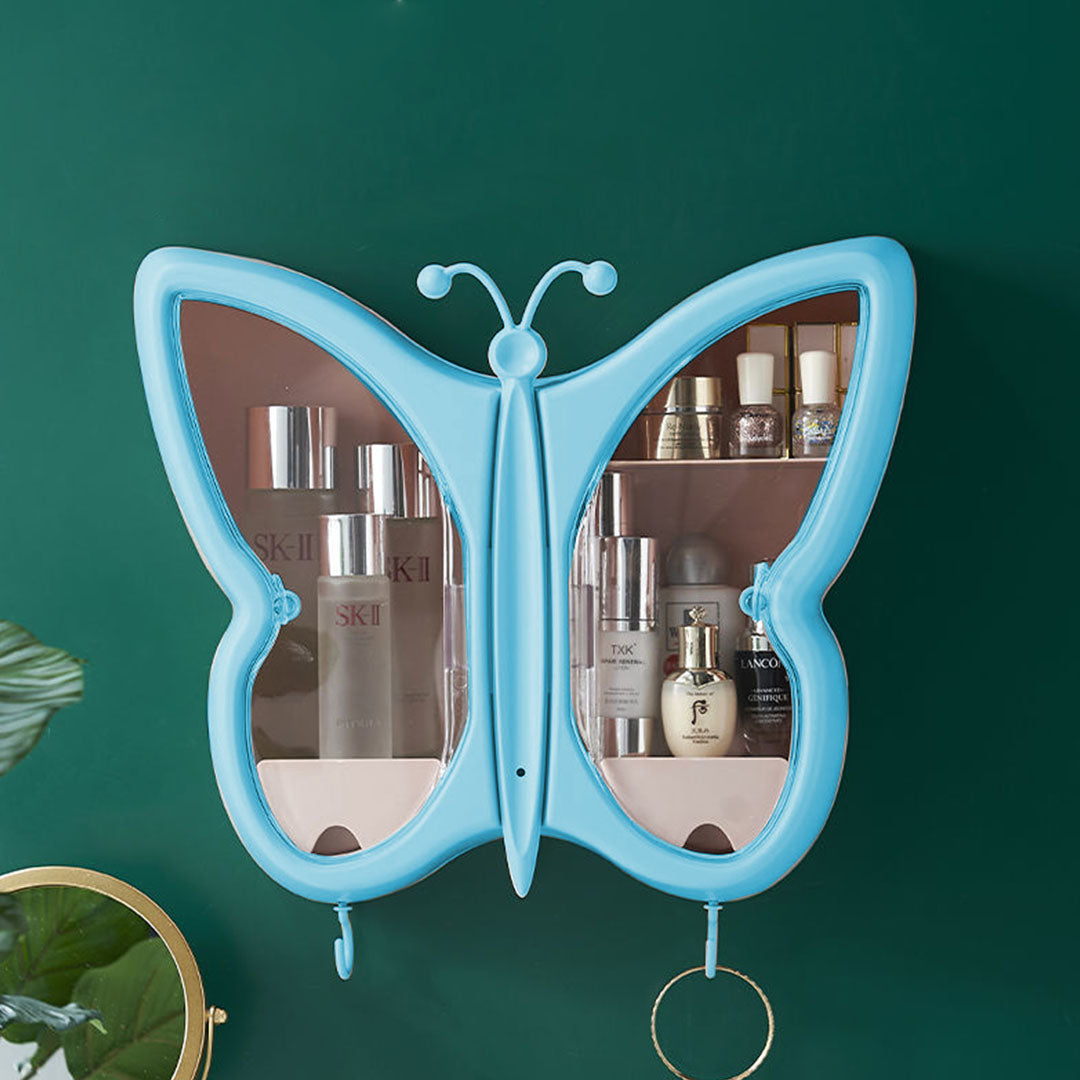 SOGA 2X Blue Butterfly Shape Wall Mounted Makeup Organiser Dustproof Waterproof Bathroom Storage Box Home Decor-Makeup Organisers-PEROZ Accessories