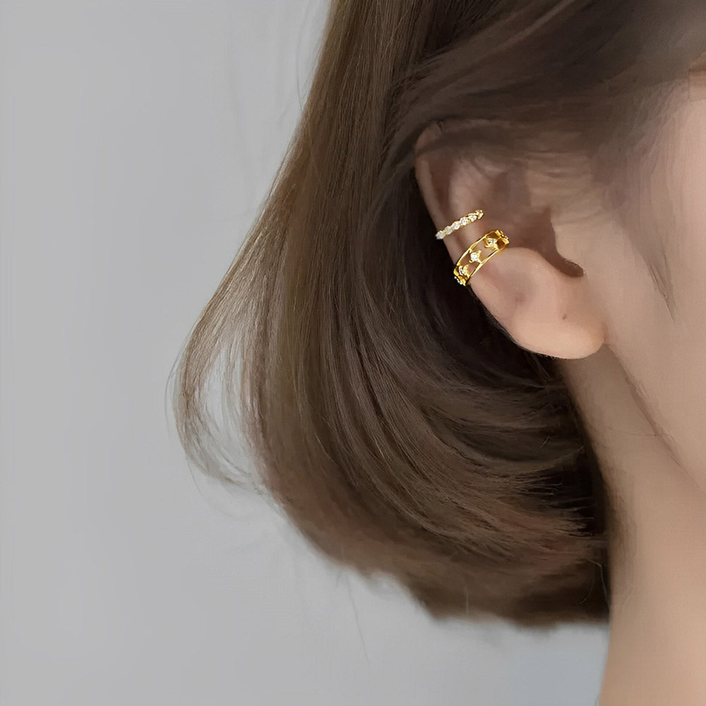 Anyco Fashion Earrings Luxury Gold Pave Zircon Hollow Star Ear Clip for Women RealSterling Silver Non-pierced Ear Bone Clip Earring Jewelry-Earrings-PEROZ Accessories