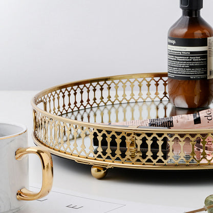 SOGA 32cm Gold Round Ornate Mirror Glass Metal Tray Vanity Makeup Perfume Jewelry Organiser with Handles-Jewellery Holders &amp; Organisers-PEROZ Accessories