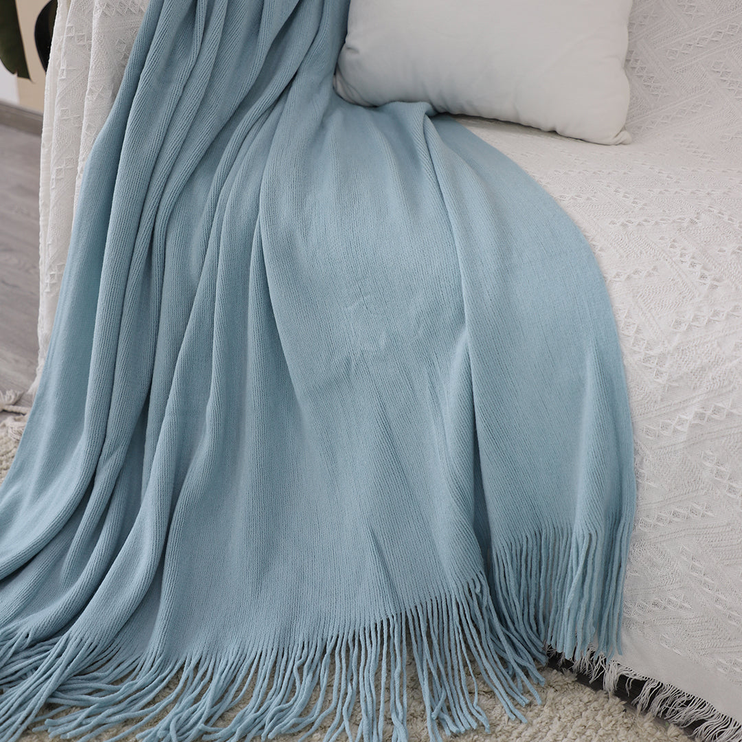 SOGA Sky Blue Acrylic Knitted Throw Blanket Solid Fringed Warm Cozy Woven Cover Couch Bed Sofa Home Decor-Throw Blankets-PEROZ Accessories