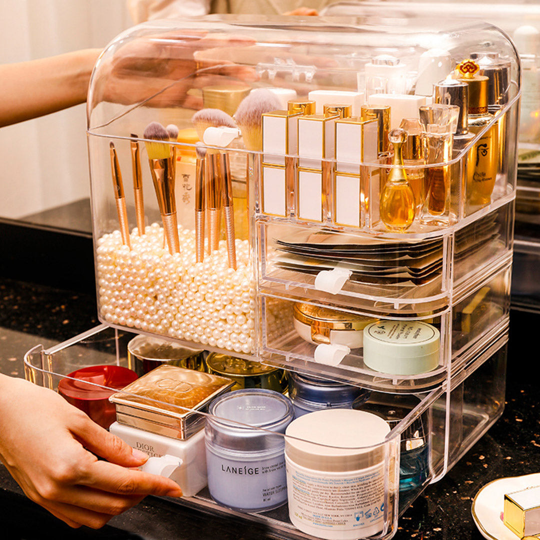 SOGA 2X Transparent Cosmetic Storage Box Clear Makeup Skincare Holder with Lid Drawers Waterproof Dustproof Organiser with Pearls-Makeup Organisers-PEROZ Accessories