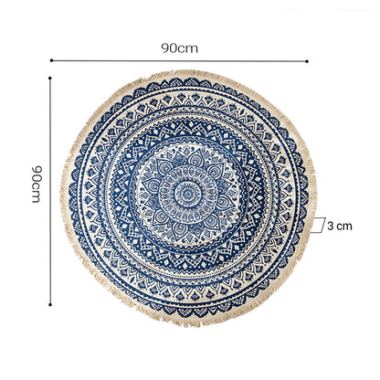SOGA Dark Blue Carpet Soft Linen Bohemian Non Slip Floor Retro Minimalist Round Rug Home Decor with Tassels-Rugs-PEROZ Accessories