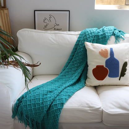 SOGA Teal Diamond Pattern Knitted Throw Blanket Warm Cozy Woven Cover Couch Bed Sofa Home Decor with Tassels-Throw Blankets-PEROZ Accessories