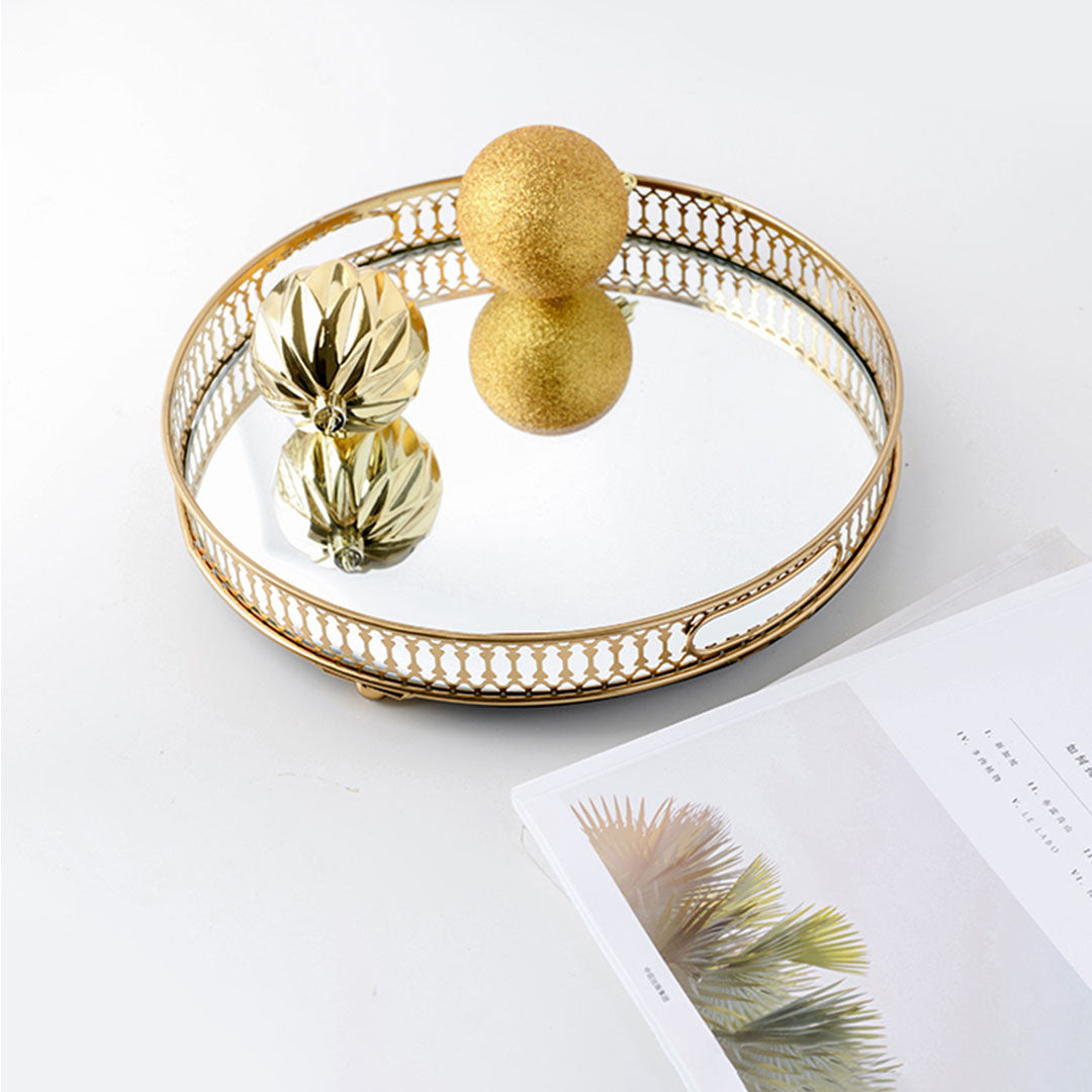 SOGA 32cm Gold Round Ornate Mirror Glass Metal Tray Vanity Makeup Perfume Jewelry Organiser with Handles-Jewellery Holders &amp; Organisers-PEROZ Accessories
