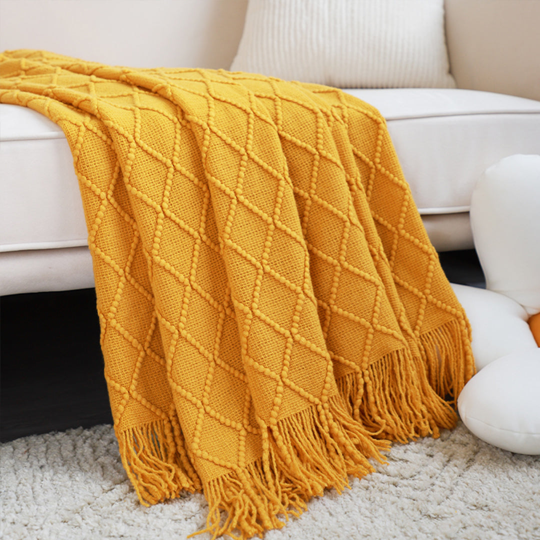 SOGA Yellow Diamond Pattern Knitted Throw Blanket Warm Cozy Woven Cover Couch Bed Sofa Home Decor with Tassels-Throw Blankets-PEROZ Accessories