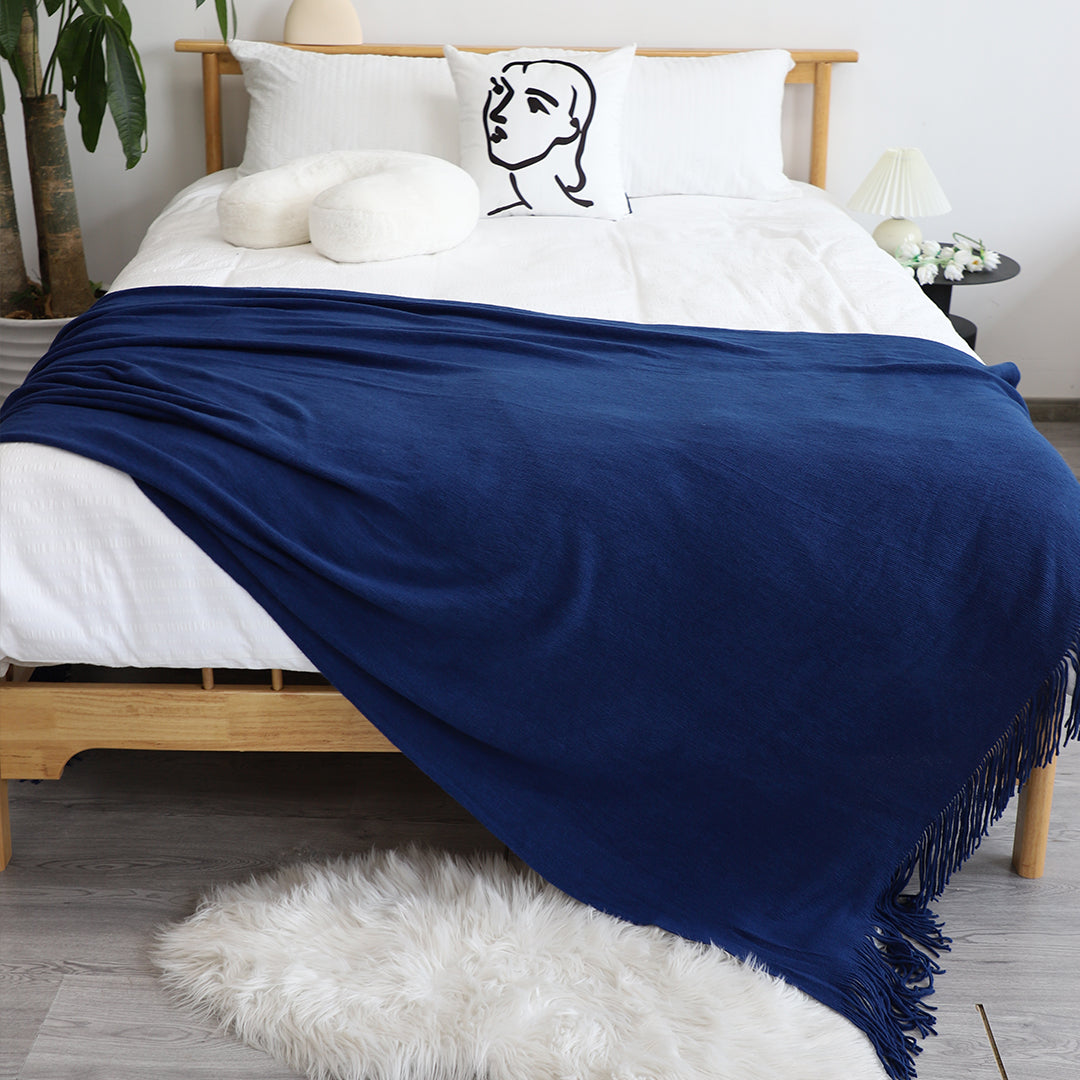 SOGA Royal Blue Acrylic Knitted Throw Blanket Solid Fringed Warm Cozy Woven Cover Couch Bed Sofa Home Decor-Throw Blankets-PEROZ Accessories