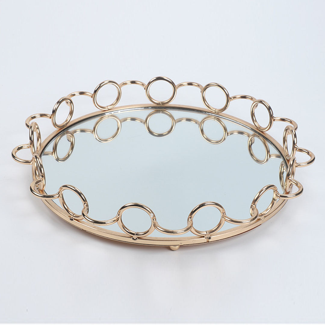SOGA 38cm Bronze Colored Round Mirror Glass Metal Tray Vanity Makeup Perfume Jewelry Organiser with Handles-Jewellery Holders &amp; Organisers-PEROZ Accessories