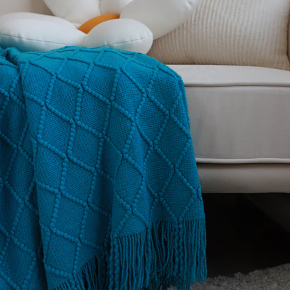 SOGA 2X Blue Diamond Pattern Knitted Throw Blanket Warm Cozy Woven Cover Couch Bed Sofa Home Decor with Tassels-Throw Blankets-PEROZ Accessories