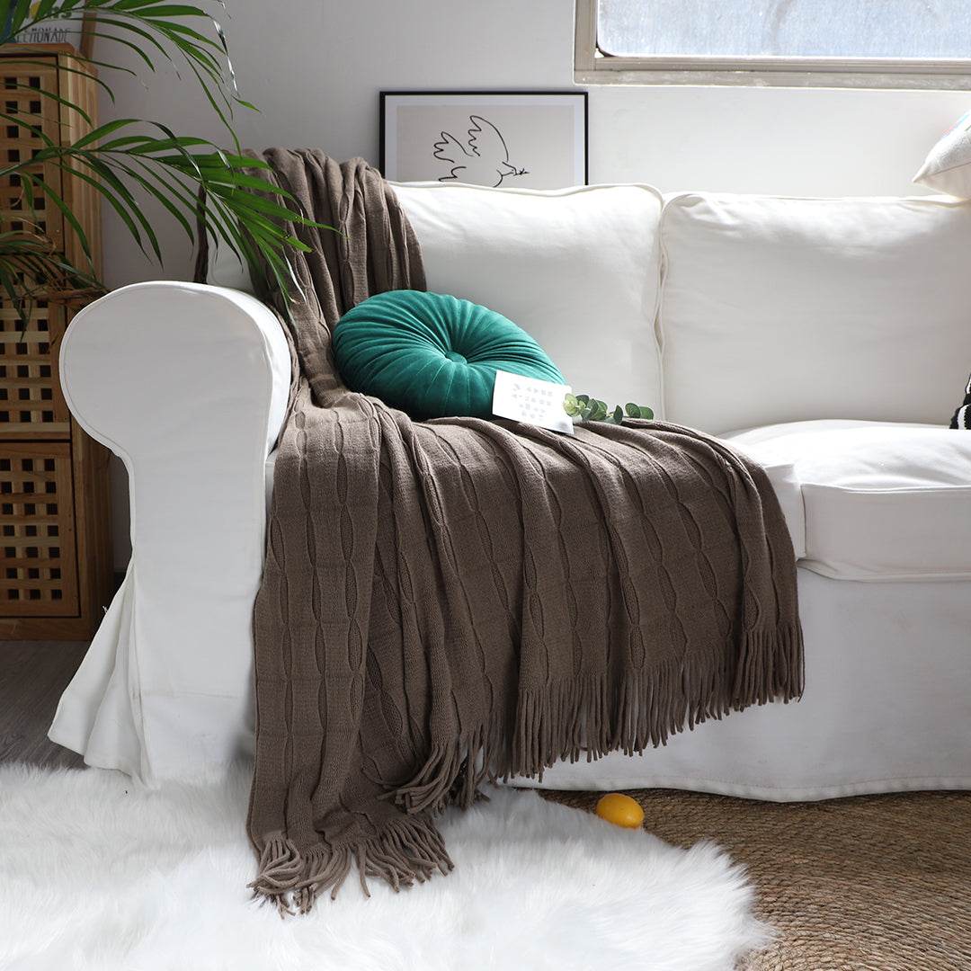SOGA Coffee Textured Knitted Throw Blanket Warm Cozy Woven Cover Couch Bed Sofa Home Decor with Tassels-Throw Blankets-PEROZ Accessories