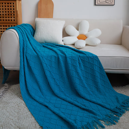 SOGA 2X Blue Diamond Pattern Knitted Throw Blanket Warm Cozy Woven Cover Couch Bed Sofa Home Decor with Tassels-Throw Blankets-PEROZ Accessories