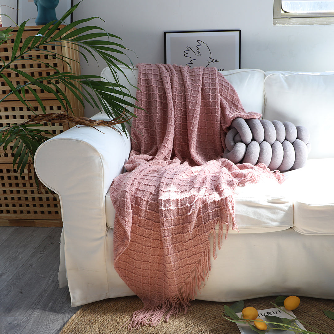 SOGA Pink Diamond Pattern Knitted Throw Blanket Warm Cozy Woven Cover Couch Bed Sofa Home Decor with Tassels-Throw Blankets-PEROZ Accessories