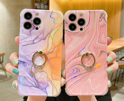 Anymob iPhone Case Apricot Laser Gradient Glitter Marble Ring Holder Stand Soft Silicone Shockproof Coque Mobile Cover iPhone 12 11 13 Pro Max-Mobile Phone Cases-PEROZ Accessories