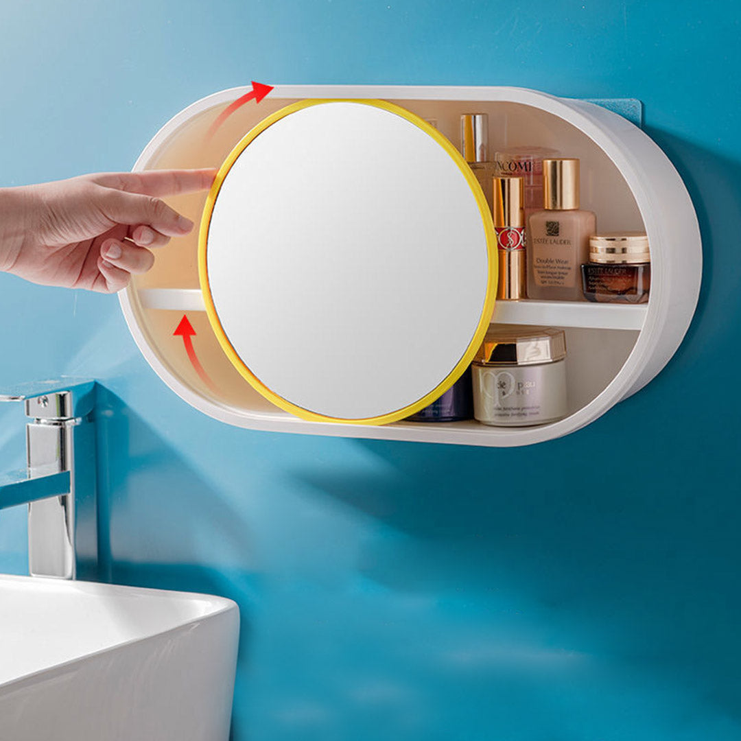 SOGA 39cm Oval Wall Mounted Mirror Storage Box Vanity Mirror Rack Bathroom Adhesive Shelf Home Organiser Decor-Makeup Organisers-PEROZ Accessories