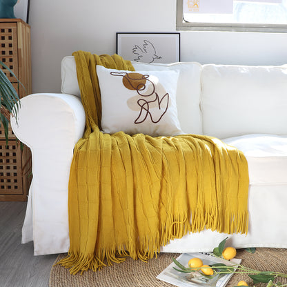 SOGA Mustard Textured Knitted Throw Blanket Warm Cozy Woven Cover Couch Bed Sofa Home Decor with Tassels-Throw Blankets-PEROZ Accessories
