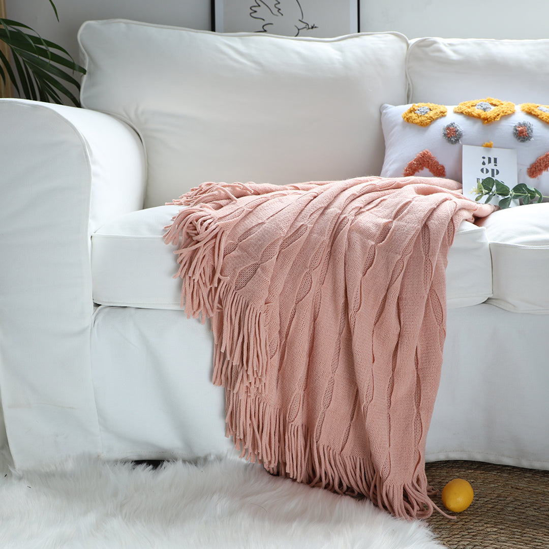 SOGA 2X Pink Textured Knitted Throw Blanket Warm Cozy Woven Cover Couch Bed Sofa Home Decor with Tassels-Throw Blankets-PEROZ Accessories