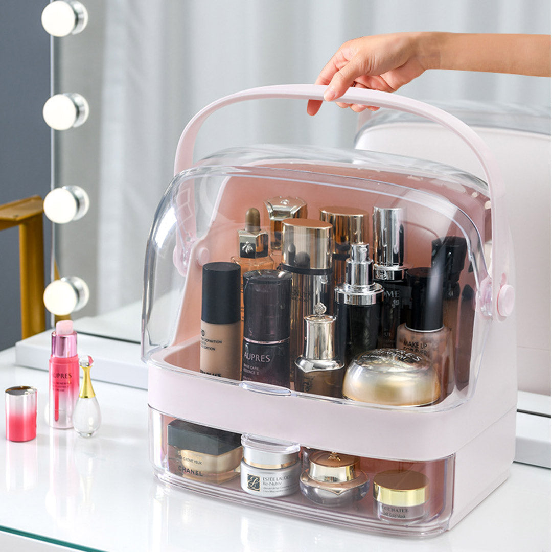 SOGA 2 Tier Pink Countertop Makeup Cosmetic Storage Organiser Skincare Holder Jewelry Storage Box with Handle-Makeup Organisers-PEROZ Accessories