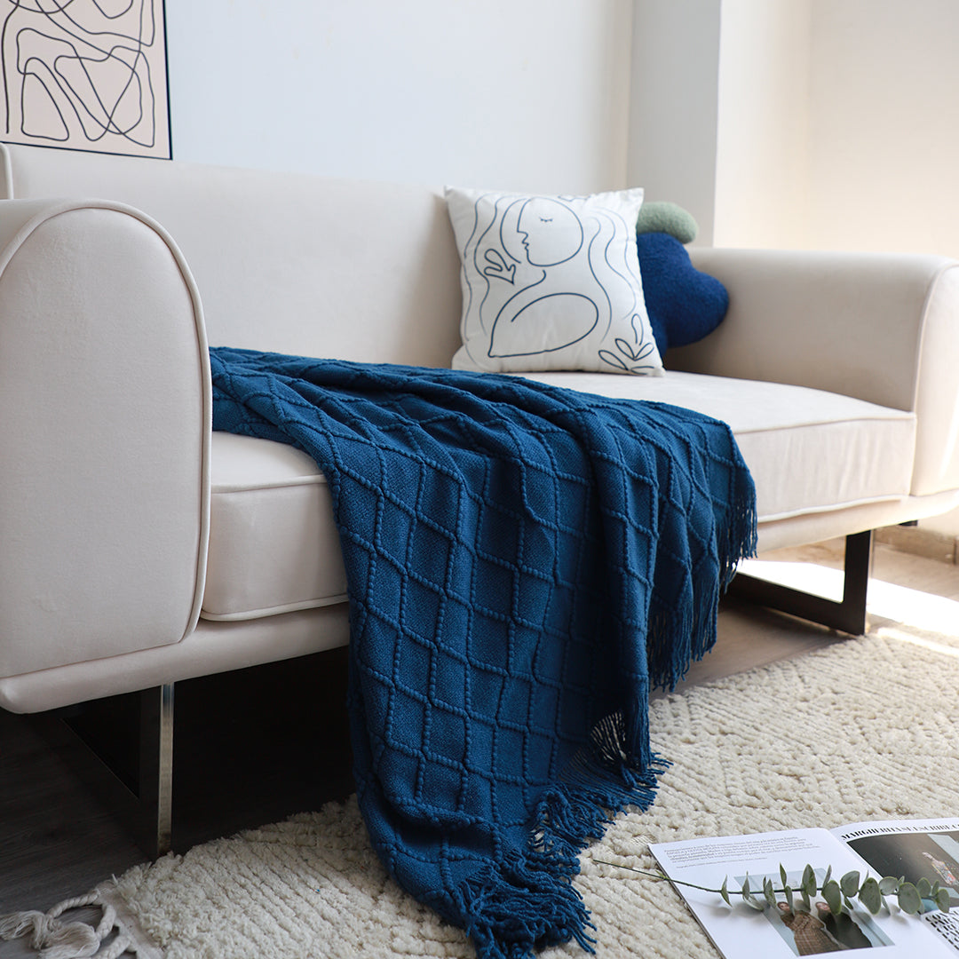 SOGA 2X Royal Blue Diamond Pattern Knitted Throw Blanket Warm Cozy Woven Cover Couch Bed Sofa Home Decor with Tassels-Throw Blankets-PEROZ Accessories
