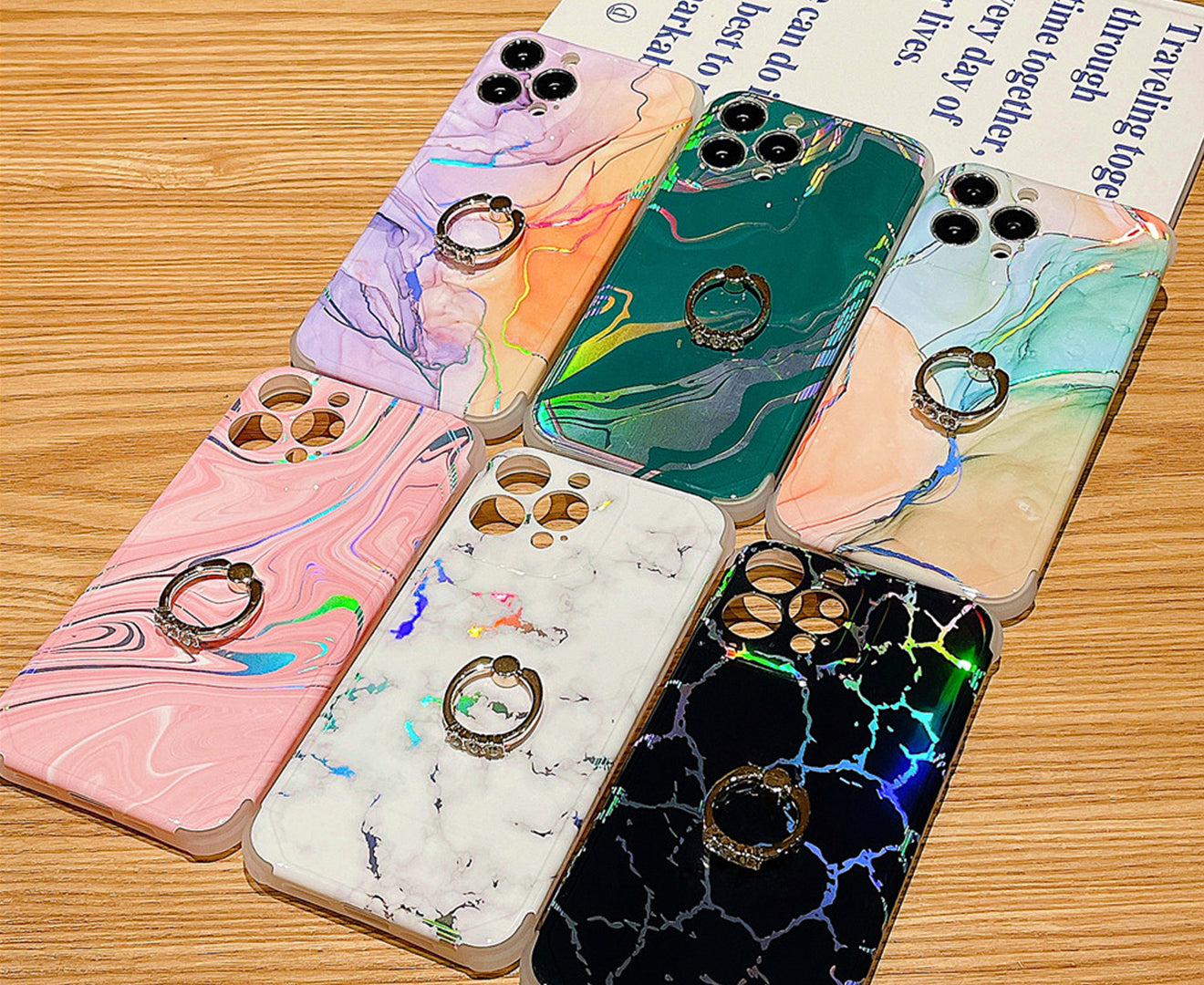 Anymob iPhone Case White Laser Gradient Glitter Marble Ring Holder Stand Soft Silicone Shockproof Coque Mobile Cover iPhone 12 11 13 Pro Max-Mobile Phone Cases-PEROZ Accessories