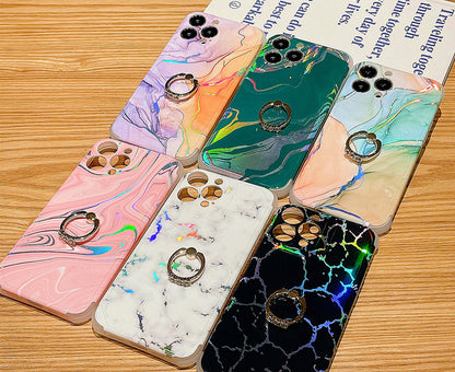 Anymob iPhone Case White Laser Gradient Glitter Marble Ring Holder Stand Soft Silicone Shockproof Coque Mobile Cover iPhone 12 11 13 Pro Max-Mobile Phone Cases-PEROZ Accessories