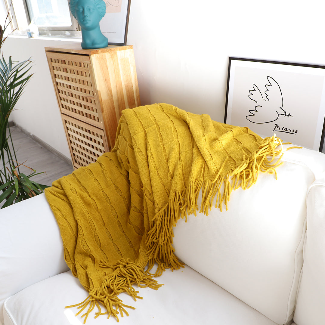 SOGA Mustard Textured Knitted Throw Blanket Warm Cozy Woven Cover Couch Bed Sofa Home Decor with Tassels-Throw Blankets-PEROZ Accessories