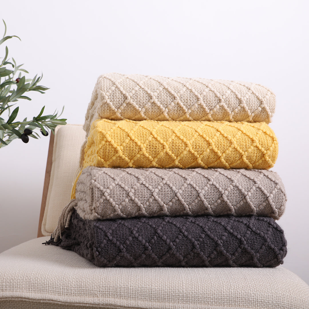 SOGA Beige Diamond Pattern Knitted Throw Blanket Warm Cozy Woven Cover Couch Bed Sofa Home Decor with Tassels-Throw Blankets-PEROZ Accessories