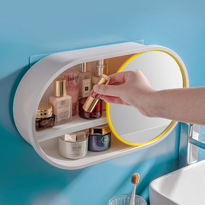 SOGA 2X 39cm Oval Wall Mounted Mirror Storage Box Vanity Mirror Rack Bathroom Adhesive Shelf Home Organiser Decor-Makeup Organisers-PEROZ Accessories