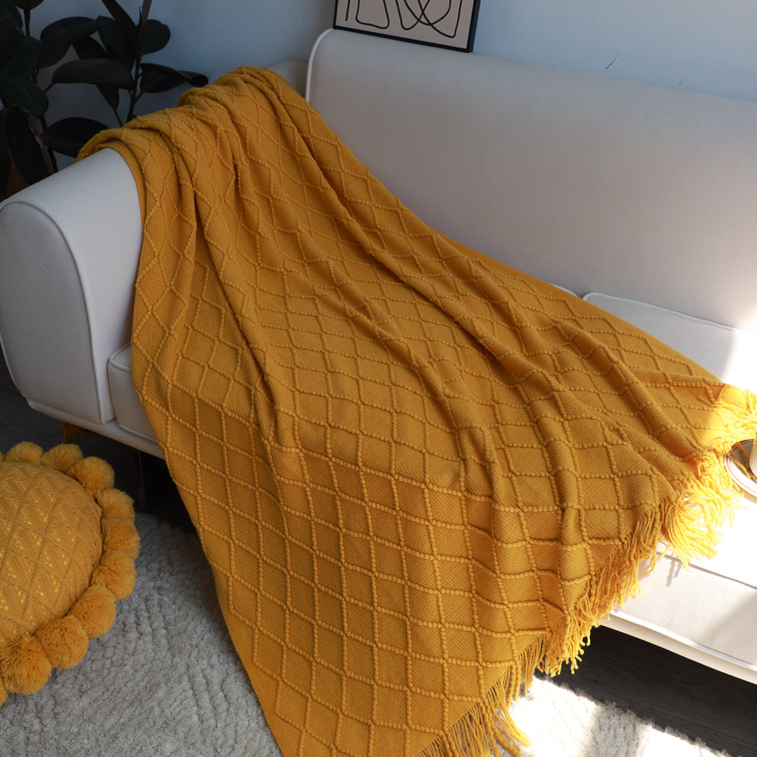 SOGA 2X Yellow Diamond Pattern Knitted Throw Blanket Warm Cozy Woven Cover Couch Bed Sofa Home Decor with Tassels-Throw Blankets-PEROZ Accessories