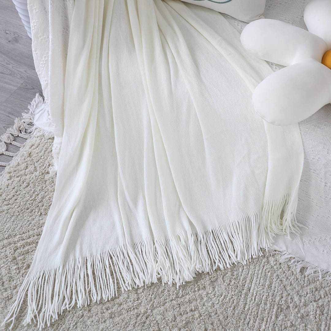 SOGA White Acrylic Knitted Throw Blanket Solid Fringed Warm Cozy Woven Cover Couch Bed Sofa Home Decor-Throw Blankets-PEROZ Accessories