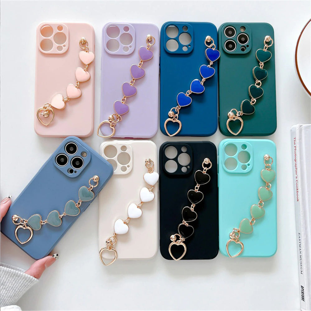 Anymob iPhone Phone Case Pastel Blue Heart Chain Hand Strap Apple Back Mobile Cover For IOS 13 Pro Max 12 MiNi 11 Pro XR XS X 7 8 Plus 6 6S SE-Mobile Phone Cases-PEROZ Accessories