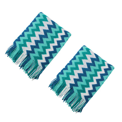 SOGA 2X 220cm Blue Zigzag Striped Throw Blanket Acrylic Wave Knitted Fringed Woven Cover Couch Bed Sofa Home Decor-Throw Blankets-PEROZ Accessories