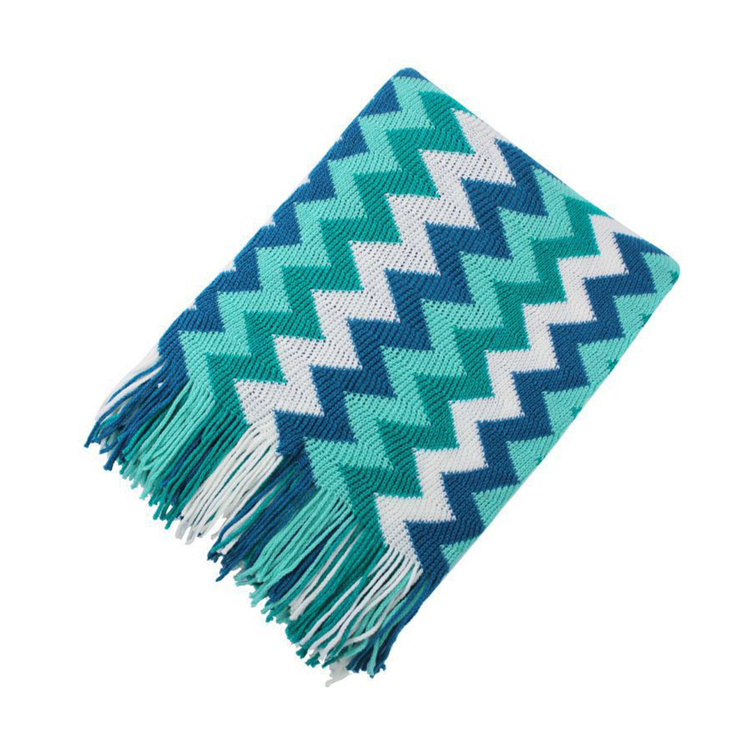 SOGA 220cm Blue Zigzag Striped Throw Blanket Acrylic Wave Knitted Fringed Woven Cover Couch Bed Sofa Home Decor-Throw Blankets-PEROZ Accessories