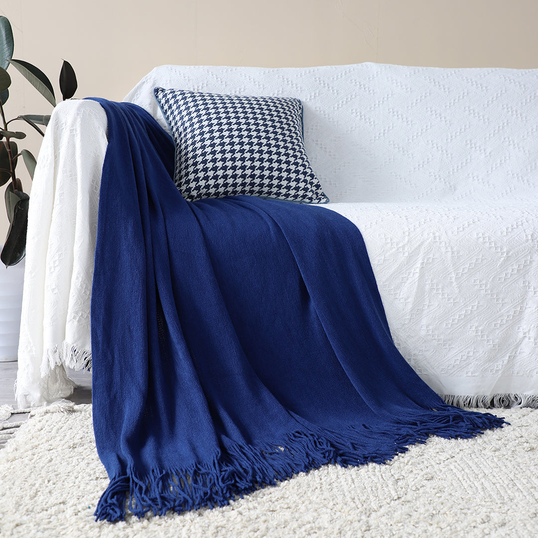 SOGA Royal Blue Acrylic Knitted Throw Blanket Solid Fringed Warm Cozy Woven Cover Couch Bed Sofa Home Decor-Throw Blankets-PEROZ Accessories