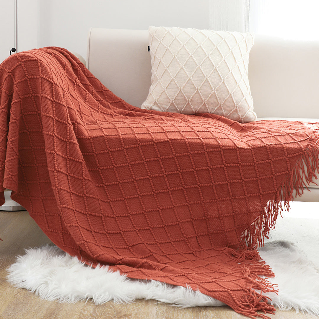 SOGA 2X Red Diamond Pattern Knitted Throw Blanket Warm Cozy Woven Cover Couch Bed Sofa Home Decor with Tassels-Throw Blankets-PEROZ Accessories