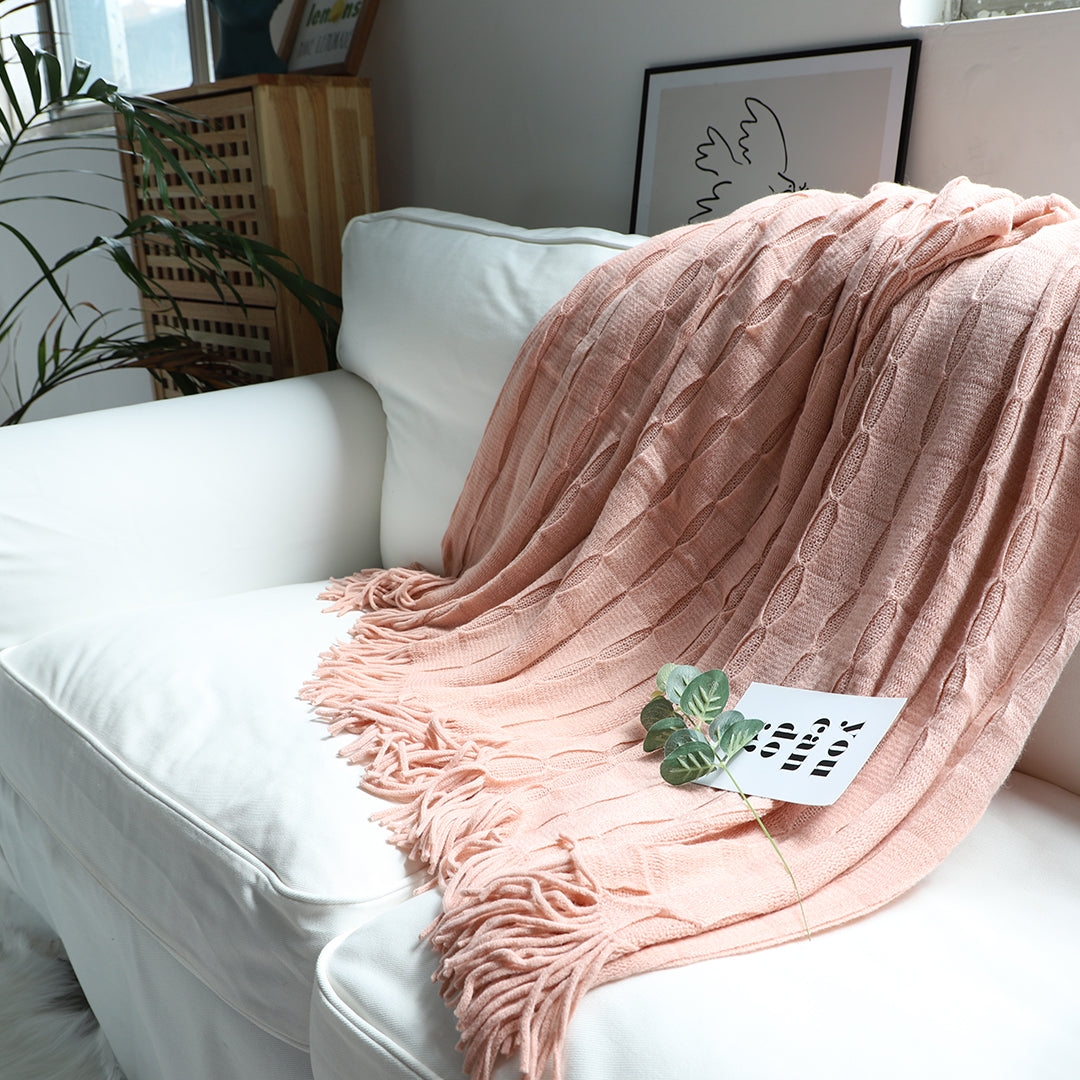 SOGA Pink Textured Knitted Throw Blanket Warm Cozy Woven Cover Couch Bed Sofa Home Decor with Tassels-Throw Blankets-PEROZ Accessories