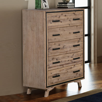 Tallboy with 5 Storage Drawers Solid Acacia Wooden Frame in Silver Brush Colour-Furniture &gt; Living Room-PEROZ Accessories