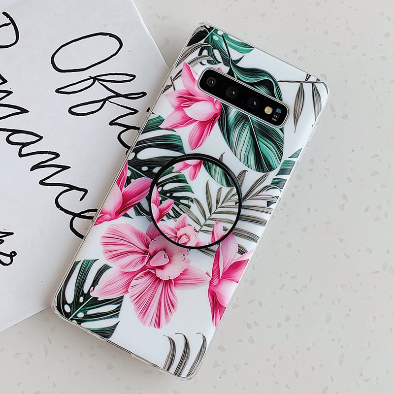 Anymob Samsung Case Pink Floral Design Art Leaf Flower Silicon With Holder Stand Phone Cover-Mobile Phone Cases-PEROZ Accessories