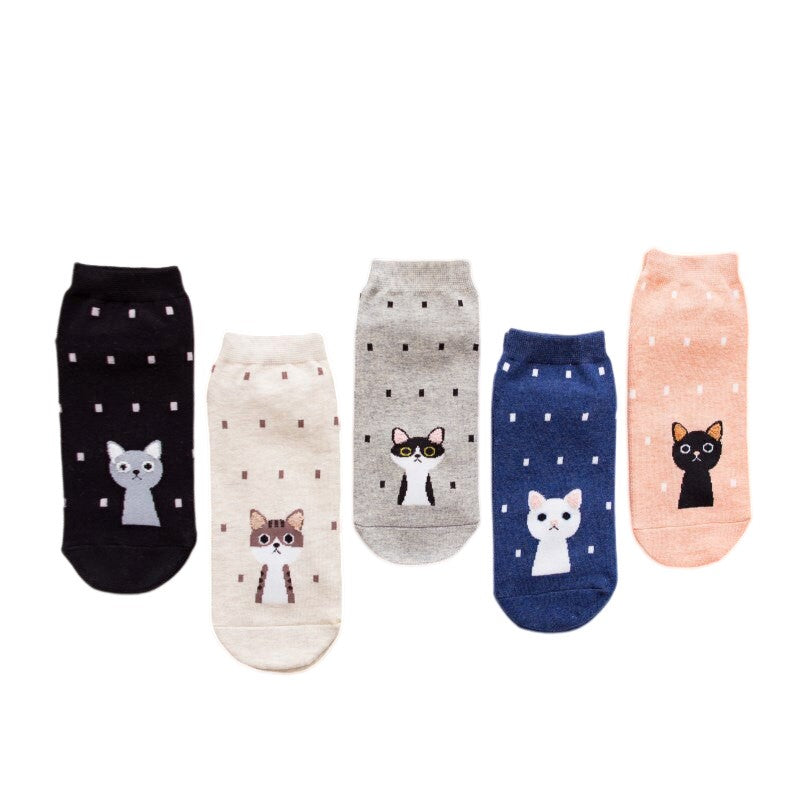 Anysox 5 Pairs One Size 5-9 Kitty Spring Summer Fashion Women Cotton Sox Cartoon Cute Girl Happy Funny Socks-Socks-PEROZ Accessories