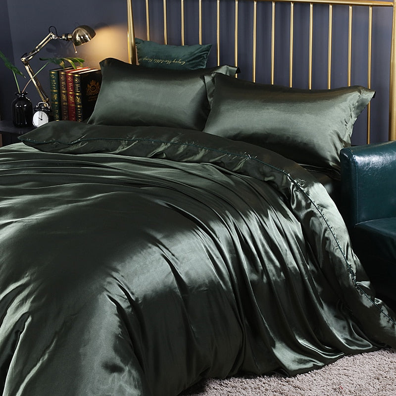Anyhouz Beddings Green AU EU King Size 3 Pc High End Satin Smooth Duvet Cover Set Luxury Polyester Silky Soft Cozy Bedding Set-Duvet Covers-PEROZ Accessories