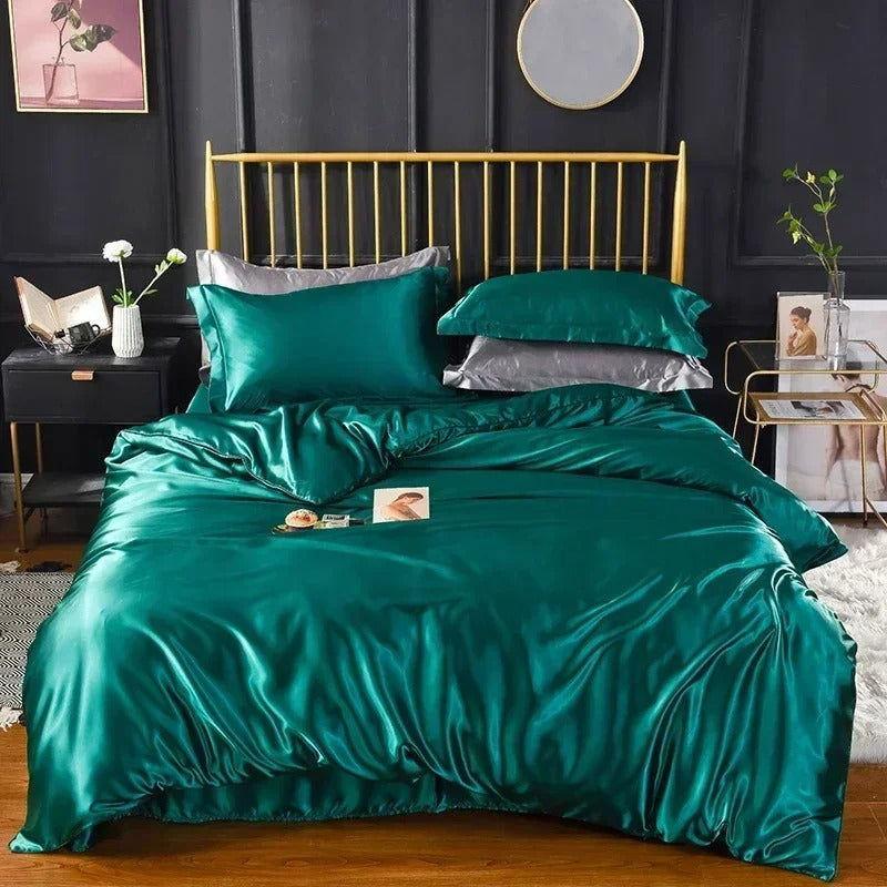 Anyhouz Beddings Green AU EU King Size 3 Pc High End Satin Smooth Duvet Cover Set Luxury Polyester Silky Soft Cozy Bedding Set-Duvet Covers-PEROZ Accessories