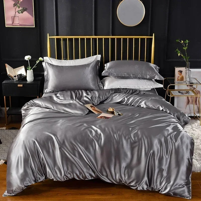 Anyhouz Beddings Gray AU Queen Size 3 Pcs High End Satin Smooth Duvet Cover Set Luxury Polyester Silky Soft Cozy Bedding Set-Duvet Covers-PEROZ Accessories