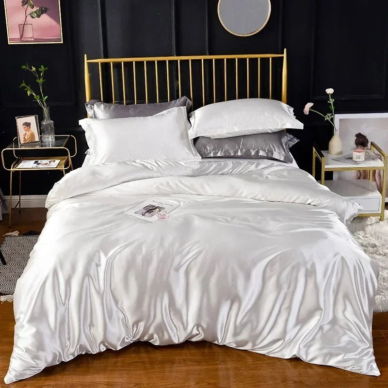 Anyhouz Beddings White US Queen Size 3 Pcs High End Satin Smooth Duvet Cover Set Luxury Polyester Silky Soft Cozy Bedding Set-Duvet Covers-PEROZ Accessories