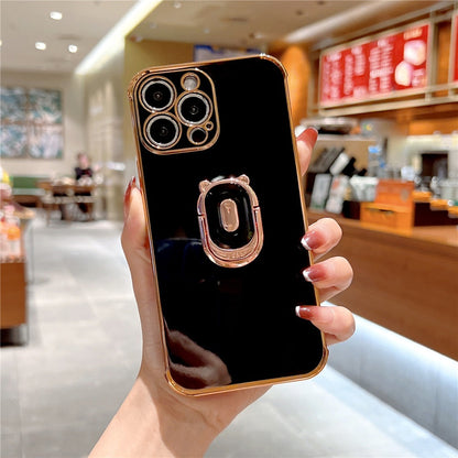 Anymob iPhone Case Black Cute Bear Ring Holder Plating Silicon Stand Finger Bracket Back Cover-Mobile Phone Cases-PEROZ Accessories