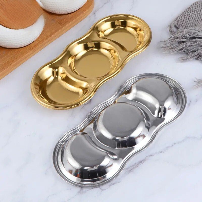 Anygleam Rose Gold Stainless Steel 3 Grid Seasoning Sauce Dish Plates Dipping Kitchenware-Kitchen &amp; Dining-PEROZ Accessories