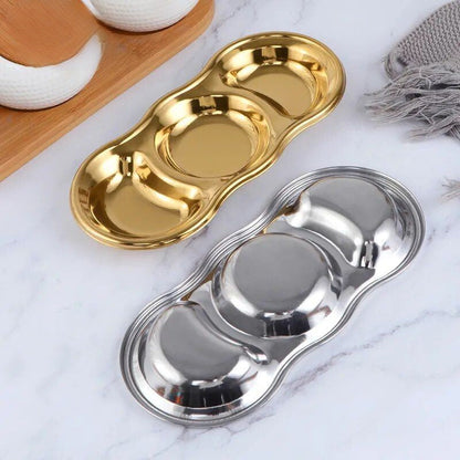 Anygleam Rose Gold Stainless Steel 3 Grid Seasoning Sauce Dish Plates Dipping Kitchenware-Kitchen &amp; Dining-PEROZ Accessories