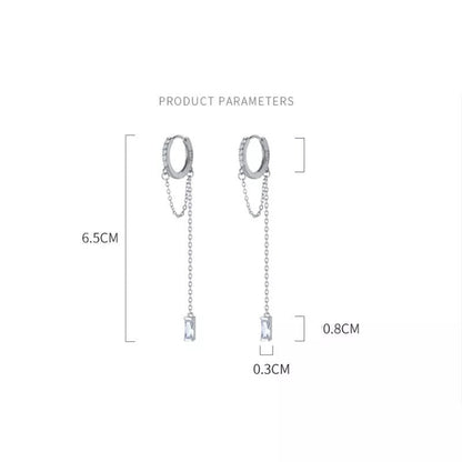 Anyco Fashion Earrings Silver 925 Sterling Tassel Chain Square Zircon Ear Buckle for Women Jewelry Accessories-Earrings-PEROZ Accessories