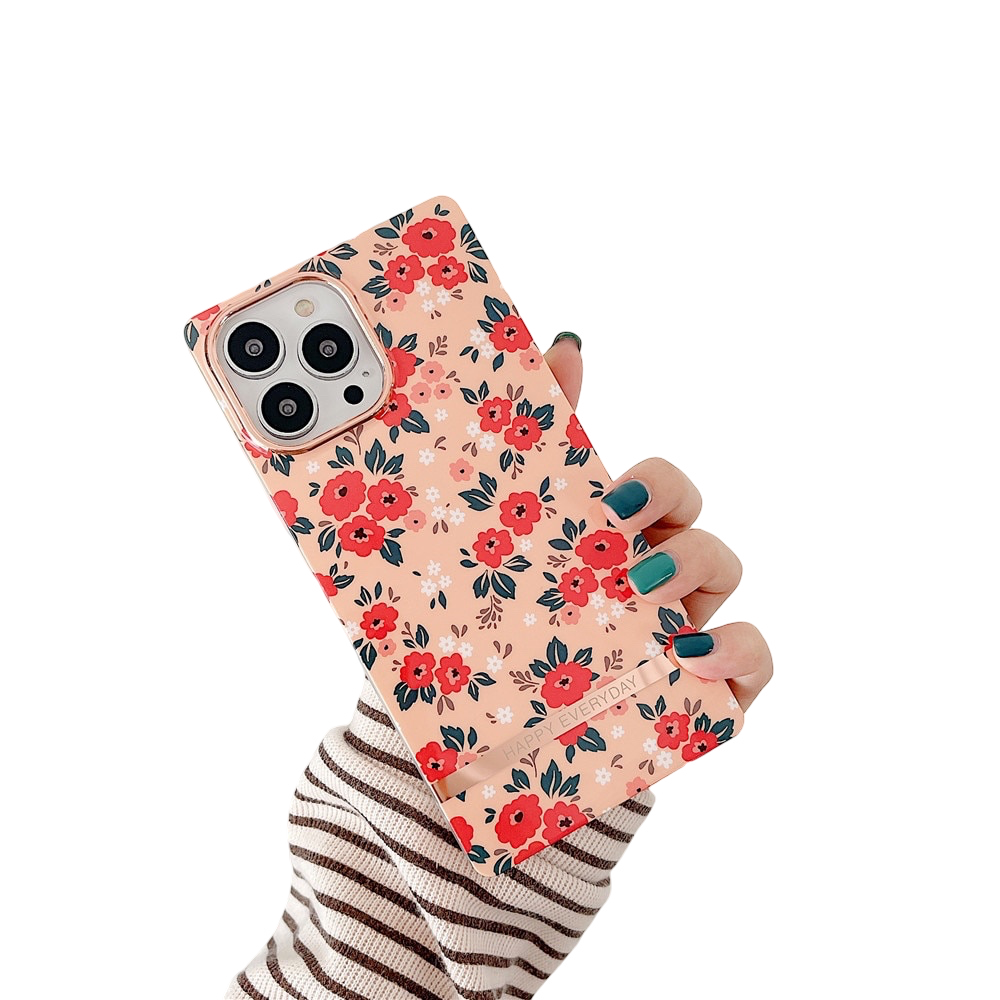 Anymob iPhone Case Red Flower Square Plating Banana Leaf Ring Stand Shockproof Soft Bumper Cover-Mobile Phone Cases-PEROZ Accessories