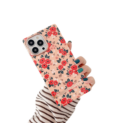 Anymob iPhone Case Red Flower Square Plating Banana Leaf Ring Stand Shockproof Soft Bumper Cover-Mobile Phone Cases-PEROZ Accessories