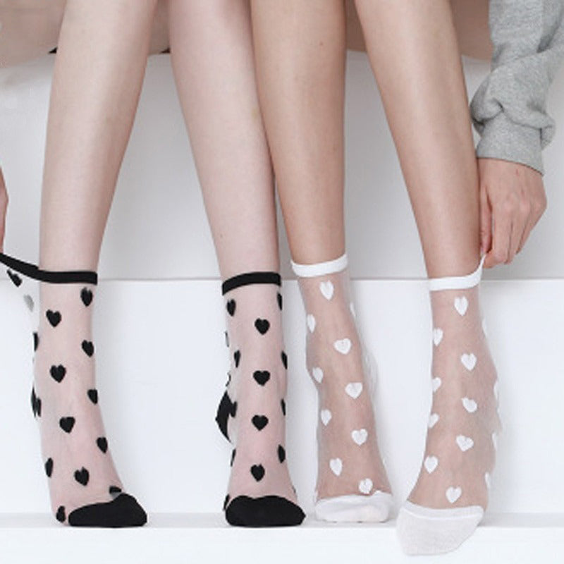 Anysox 5 Pairs Black Size 5-9 Heart Tull Glass Silk Design With Transparent Thin Mesh Color Full Nylon Knee Sock ComFortable To Wear For Ladies-Socks-PEROZ Accessories